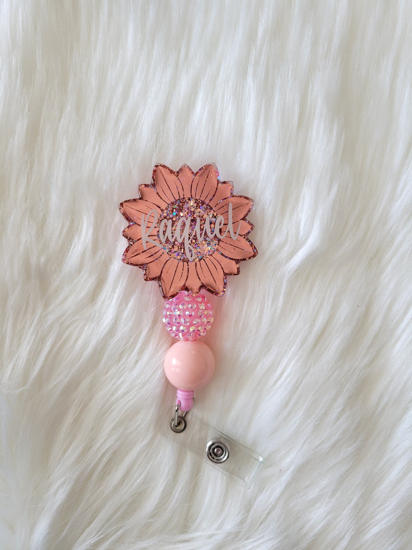 Pink Sunflower Glitter Beaded Badge Reel